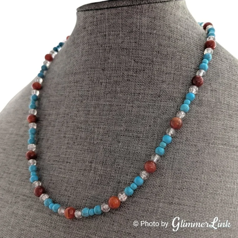 Teal Blue & Burnt Orange Gemstone Glass Beaded Silver Tone Necklace